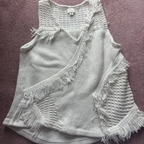 Anthropologie L Pacific Fringed Tank White Knit Fringe Blouse - Picture 1 of 5